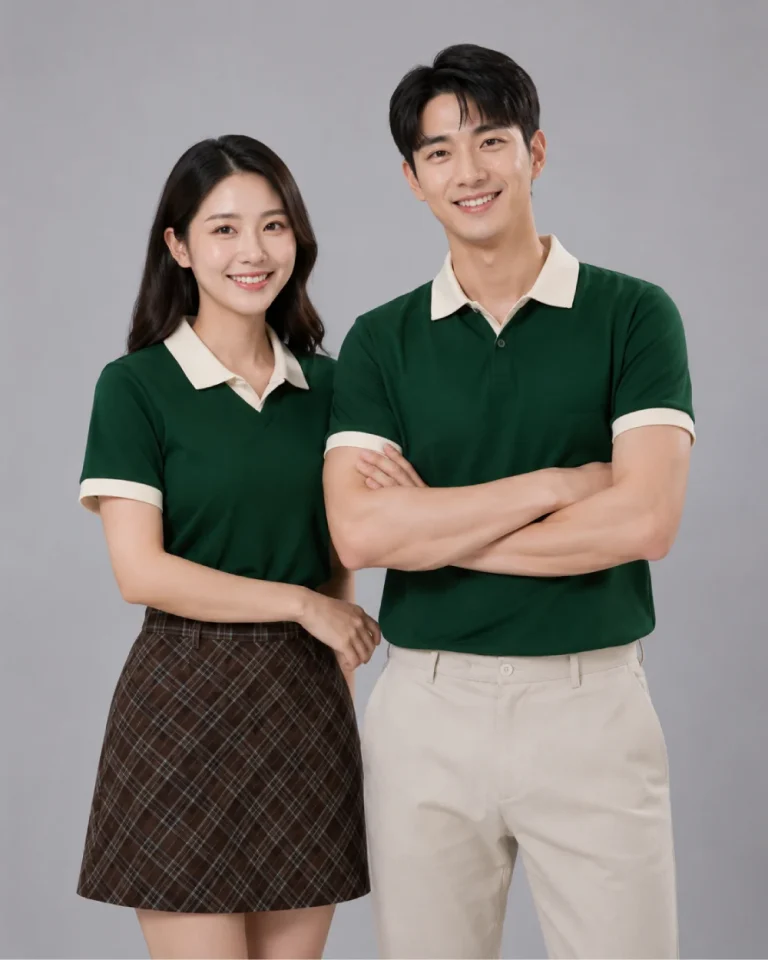 Áo Polo Đồng Phục Xanh Lá Cây Cổ Tim Phối Be