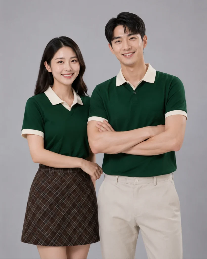 Áo Polo Đồng Phục Xanh Lá Cây Cổ Tim Phối Be