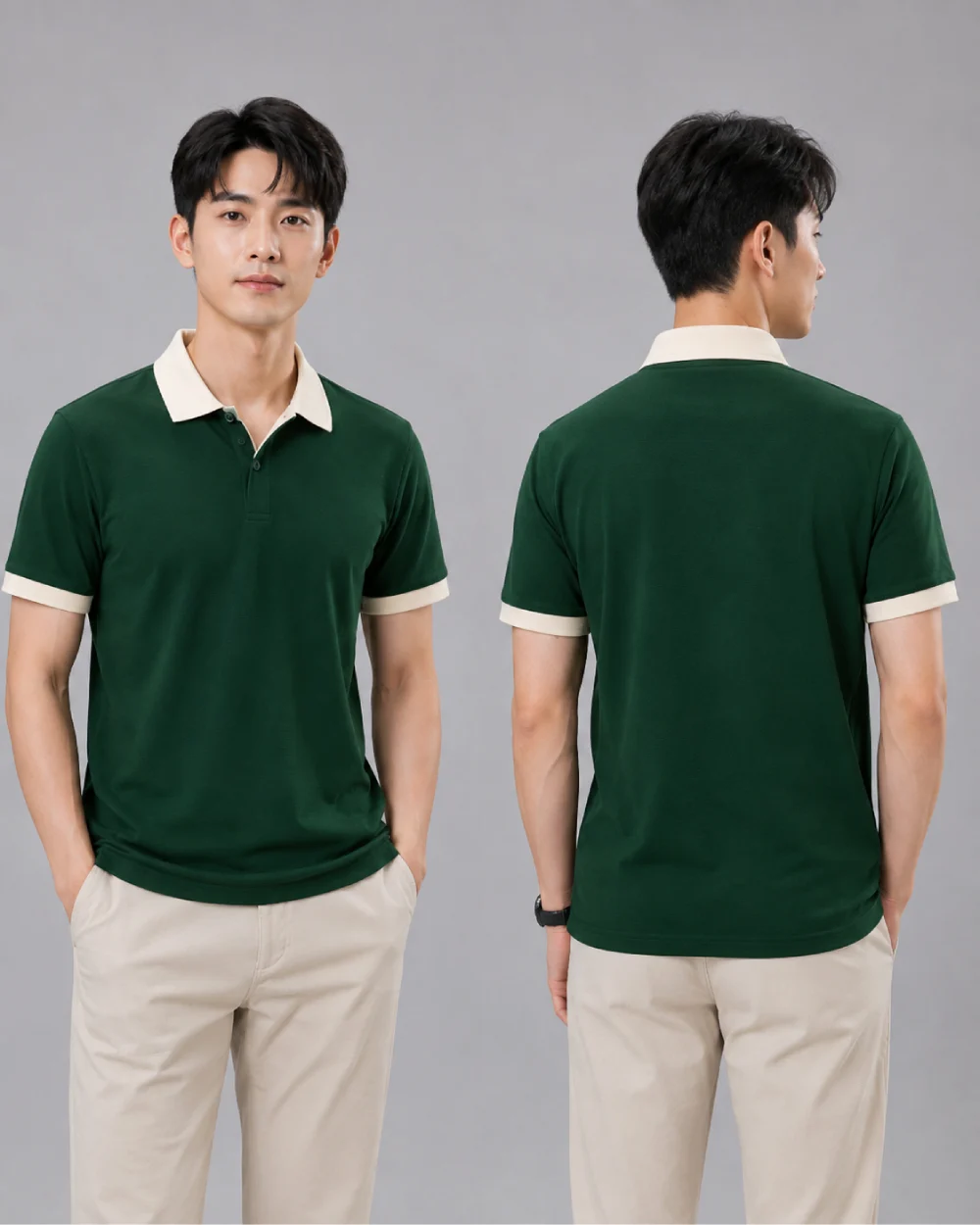 Áo Polo Đồng Phục Xanh Lá Cây Cổ Tim Phối Be
