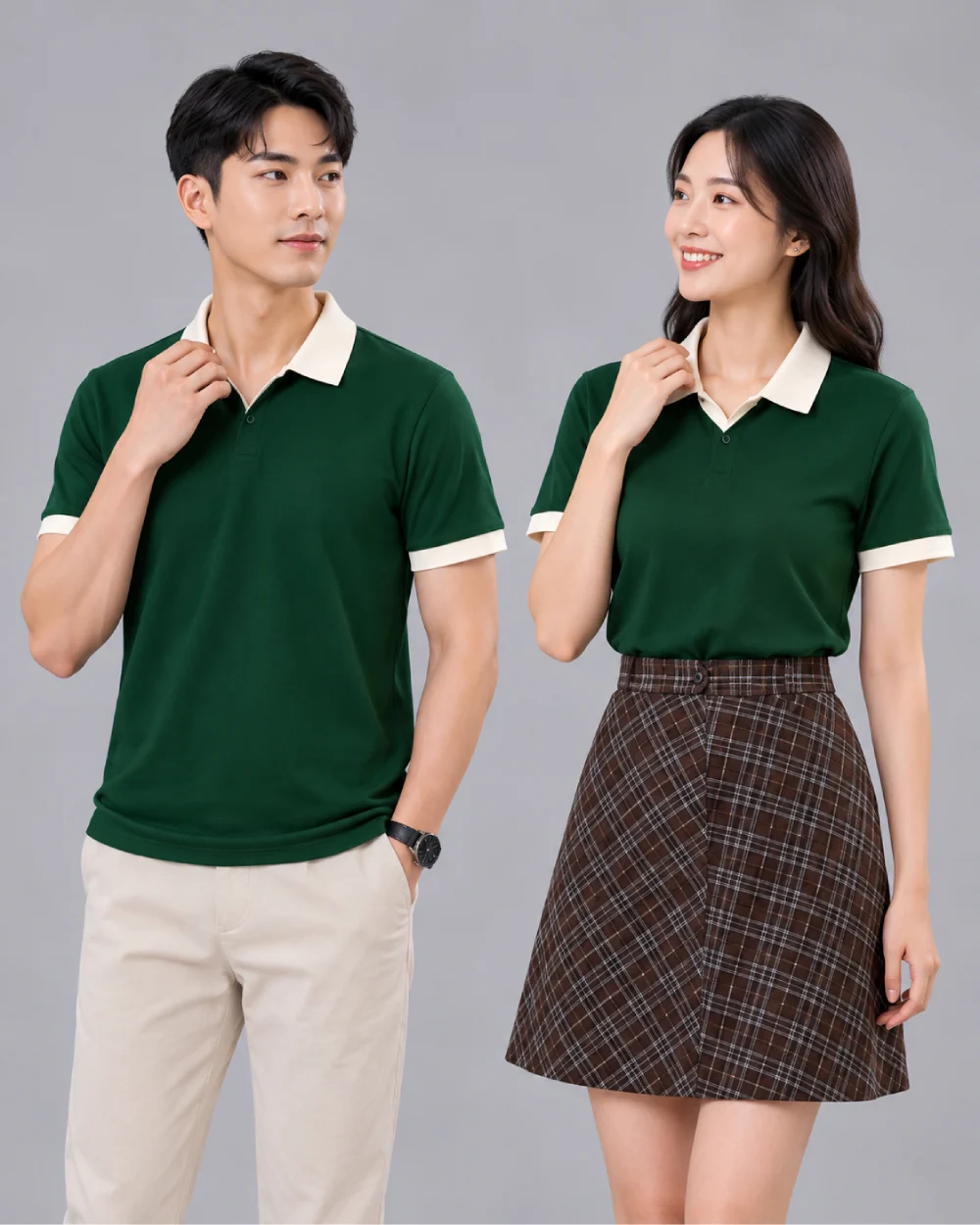Áo Polo Đồng Phục Xanh Lá Cây Cổ Tim Phối Be