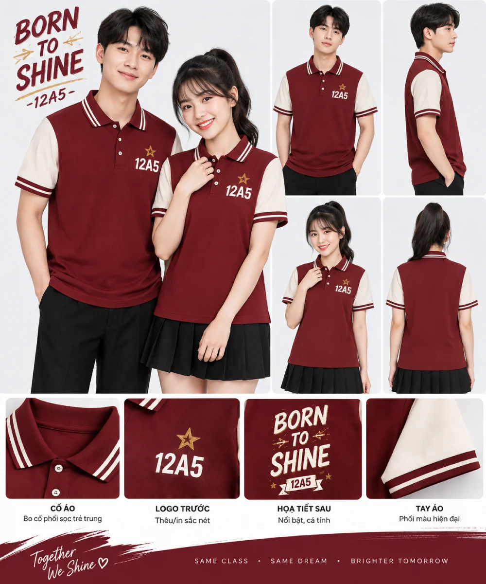 Áo Polo đồng phục Lớp màu đỏ phối trắng tay áo