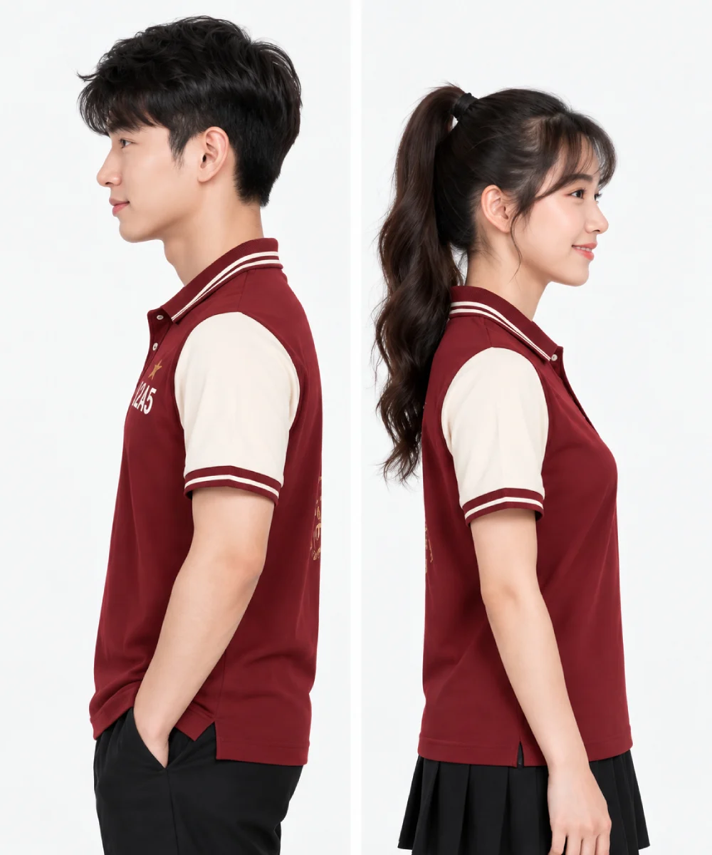 Áo Polo đồng phục Lớp màu đỏ phối trắng tay áo