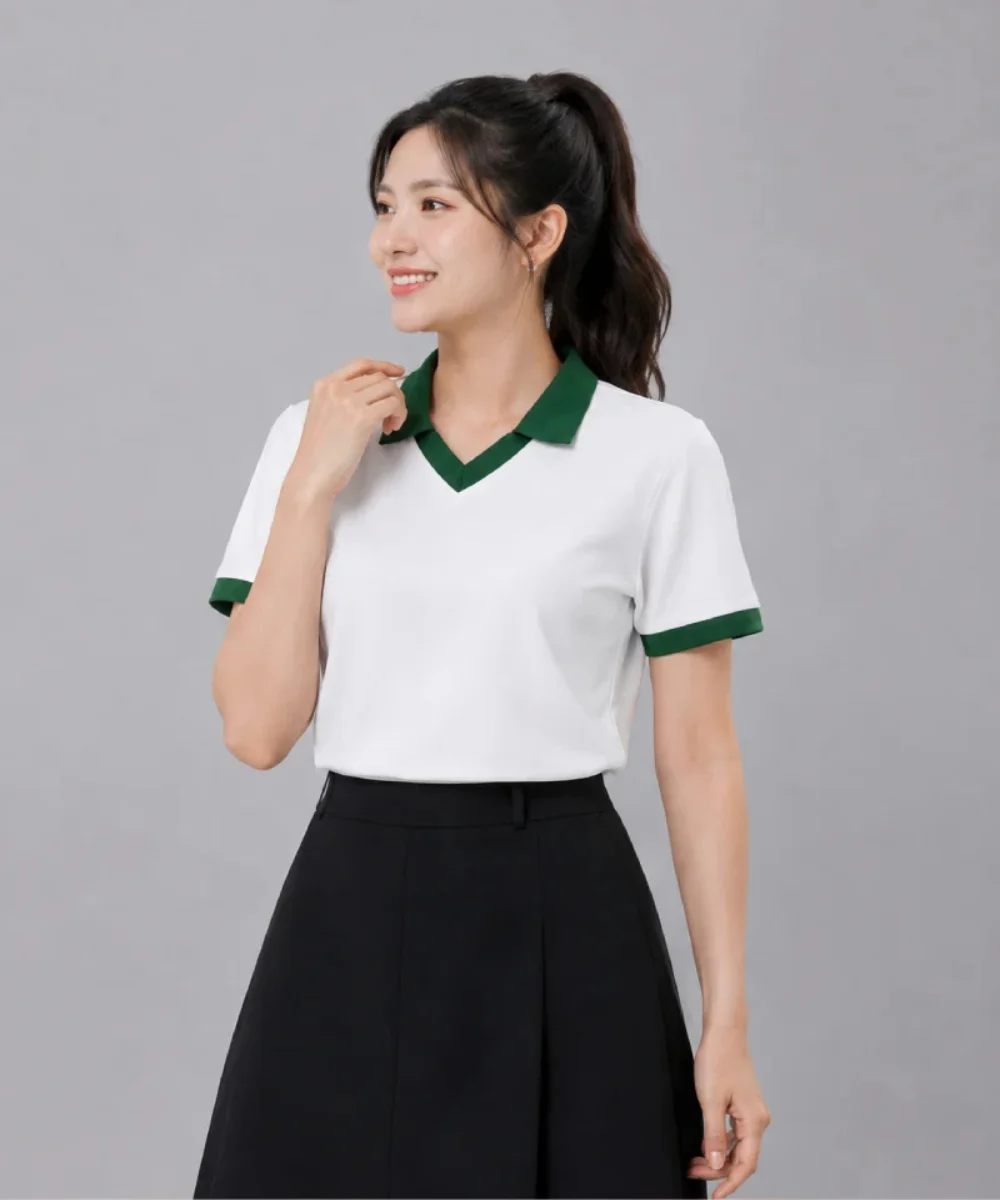 Áo Polo đồng phục Lớp màu trắng cổ tim viền xanh lá cây