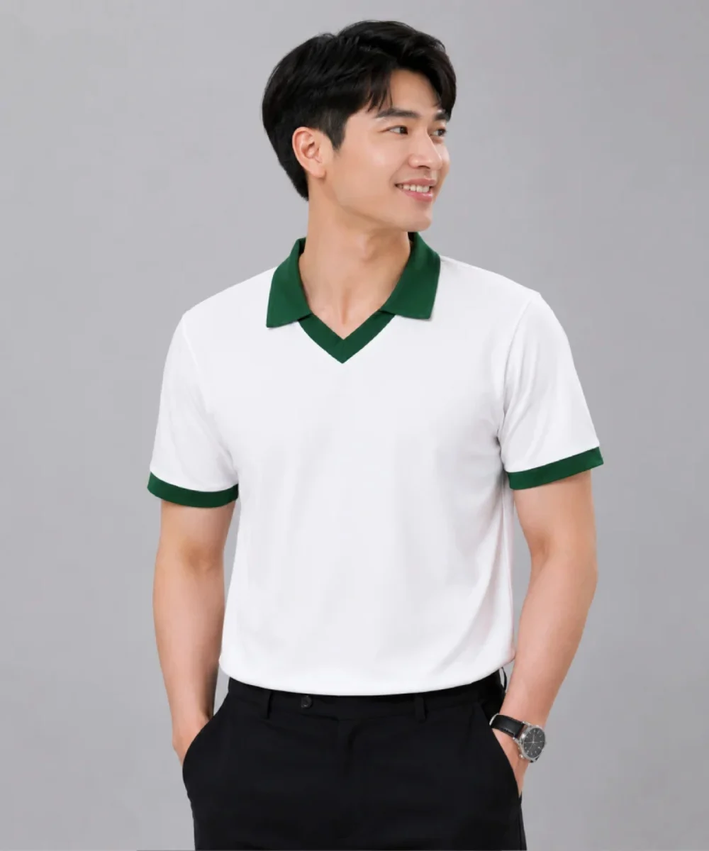 Áo Polo đồng phục Lớp màu trắng cổ tim viền xanh lá cây