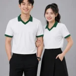 Áo Polo đồng phục Lớp màu trắng cổ tim viền xanh lá cây