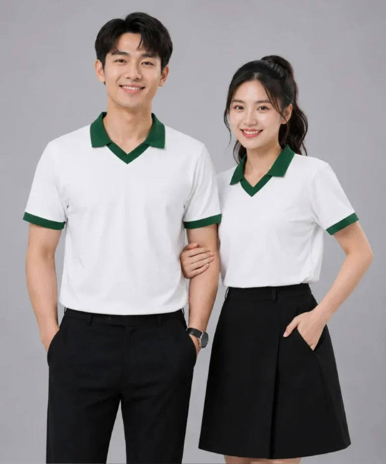 Áo Polo đồng phục Lớp màu trắng cổ tim viền xanh lá cây