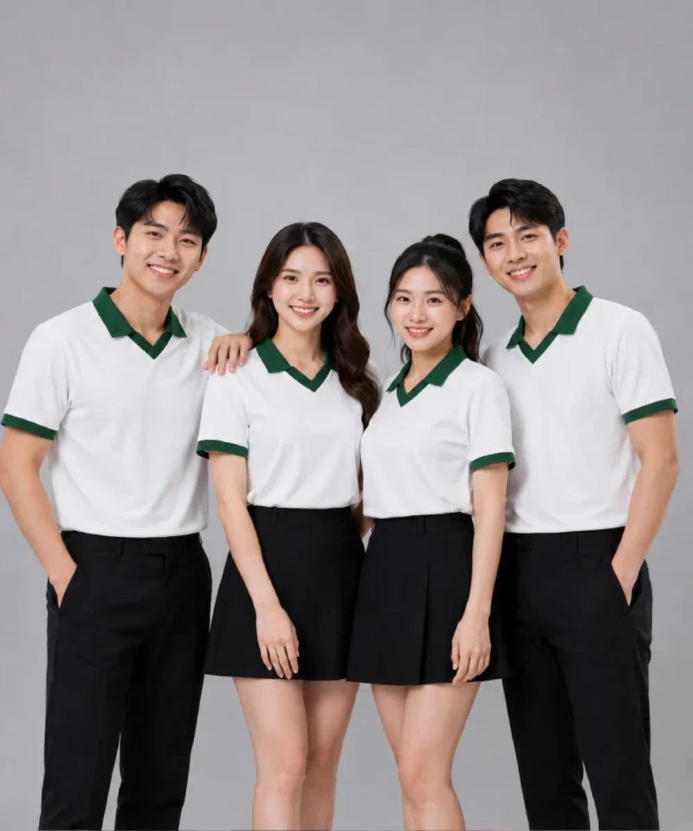 Áo Polo đồng phục Lớp màu trắng cổ tim viền xanh lá cây