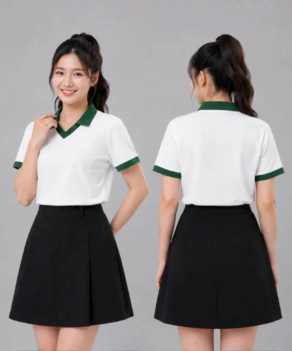 Áo Polo đồng phục Lớp màu trắng cổ tim viền xanh lá cây