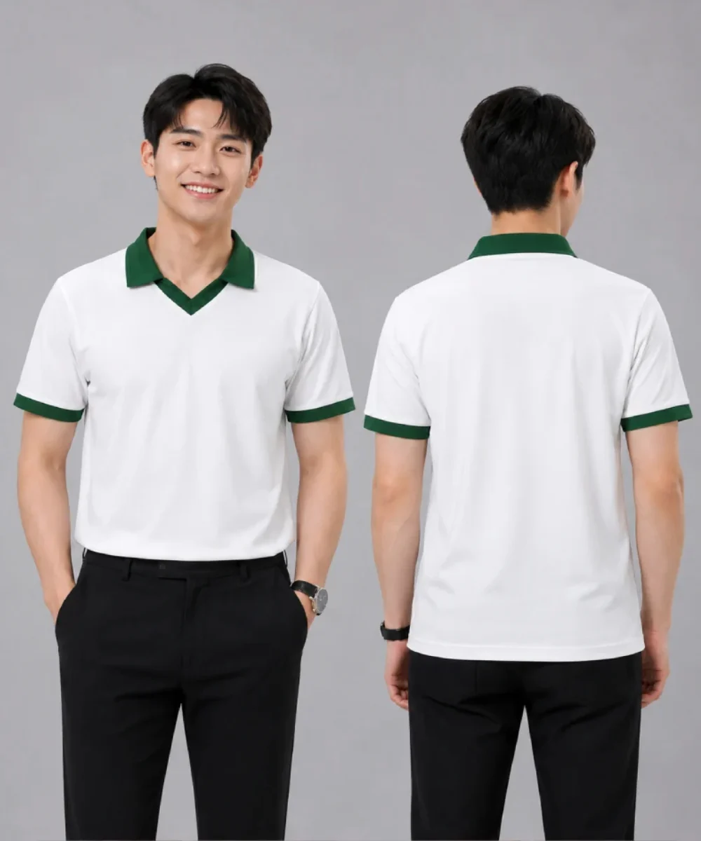 Áo Polo đồng phục Lớp màu trắng cổ tim viền xanh lá cây