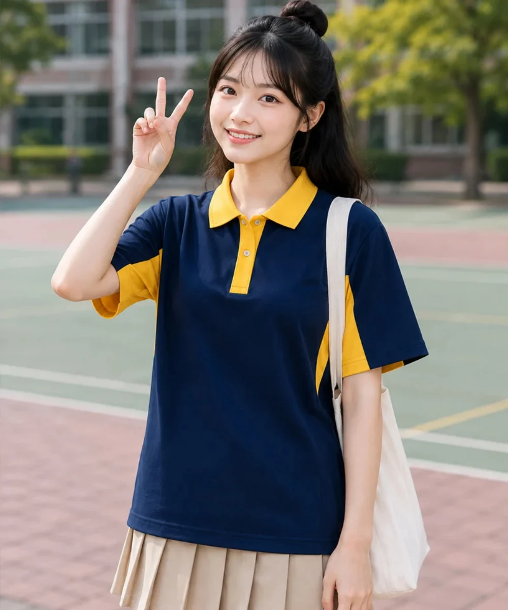Áo Polo đồng phục Lớp oversize màu xanh đen cổ vàng