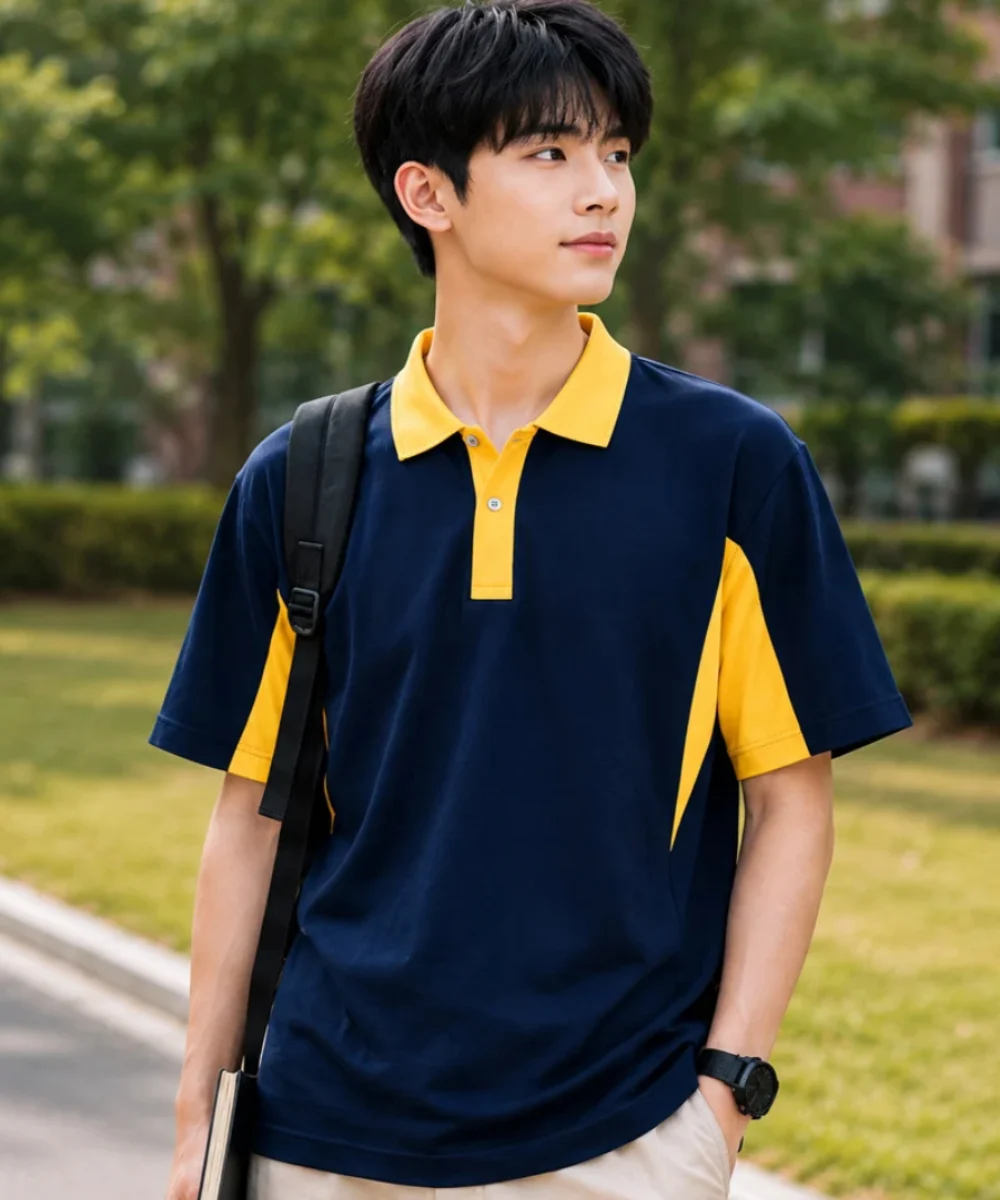 Áo Polo đồng phục Lớp oversize màu xanh đen cổ vàng