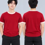 Áo Thun Đồng Phục Cổ Tròn Màu Đỏ Viền Kem Cổ và Tay