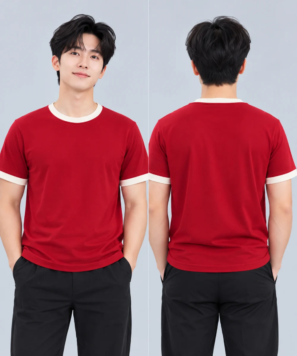 Áo Thun Đồng Phục Cổ Tròn Màu Đỏ Viền Kem Cổ và Tay