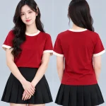 Áo Thun Đồng Phục Cổ Tròn Màu Đỏ Viền Kem Cổ và Tay