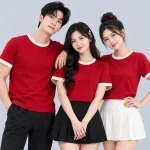 Áo Thun Đồng Phục Cổ Tròn Màu Đỏ Viền Kem Cổ và Tay