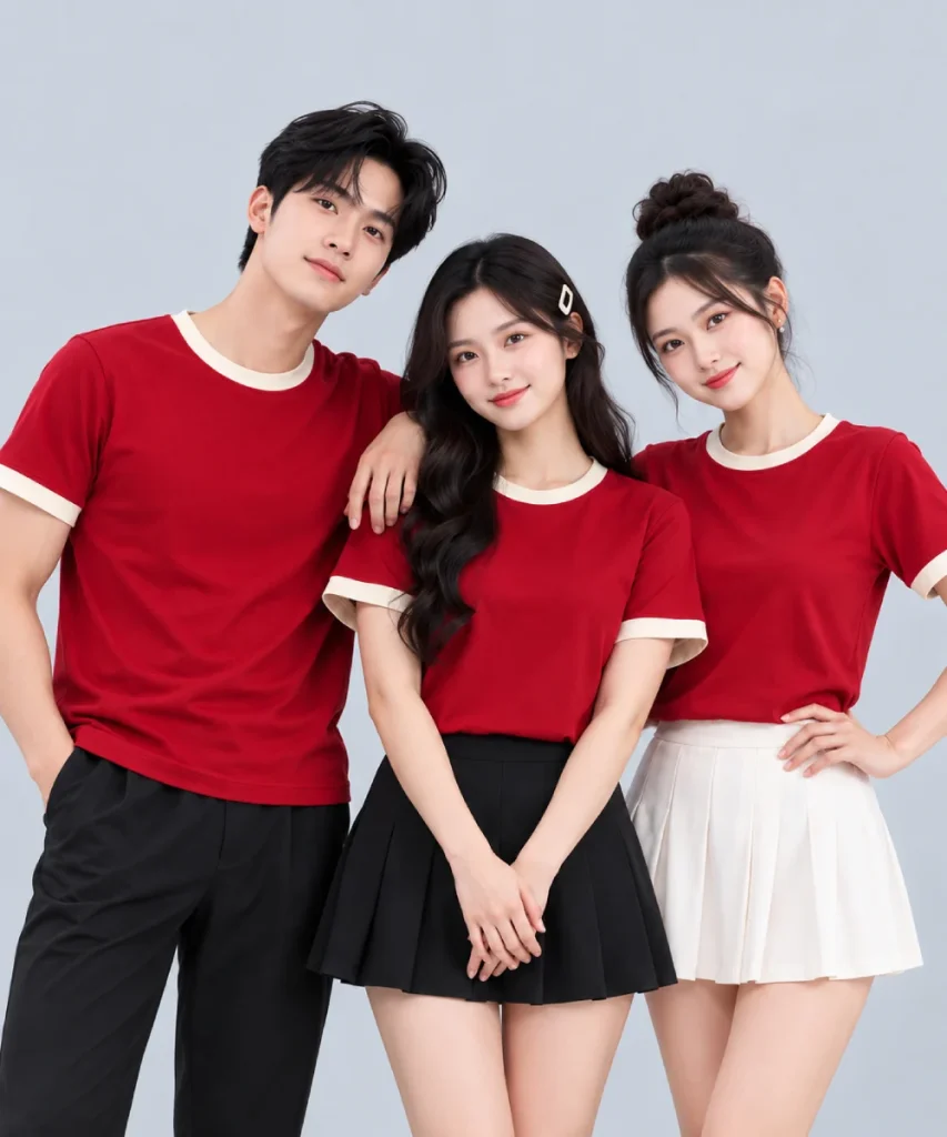 Áo Thun Đồng Phục Cổ Tròn Màu Đỏ Viền Kem Cổ và Tay