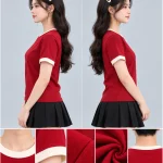 Áo Thun Đồng Phục Cổ Tròn Màu Đỏ Viền Kem Cổ và Tay