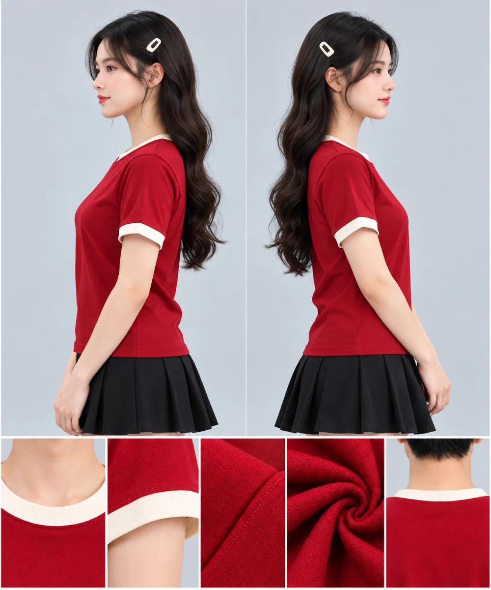Áo Thun Đồng Phục Cổ Tròn Màu Đỏ Viền Kem Cổ và Tay