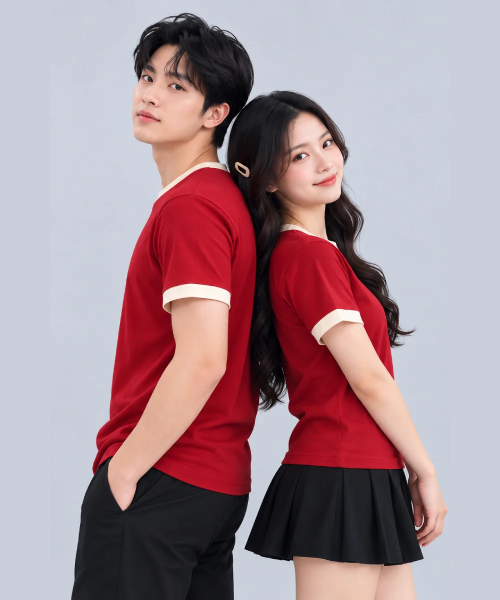 Áo Thun Đồng Phục Cổ Tròn Màu Đỏ Viền Kem Cổ và Tay