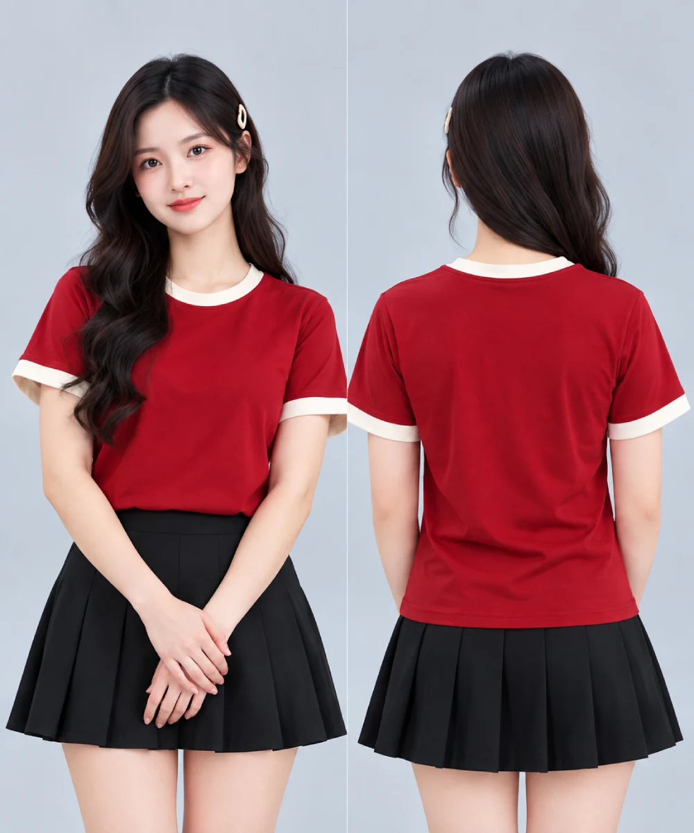 Áo Thun Đồng Phục Cổ Tròn Màu Đỏ Viền Kem Cổ và Tay