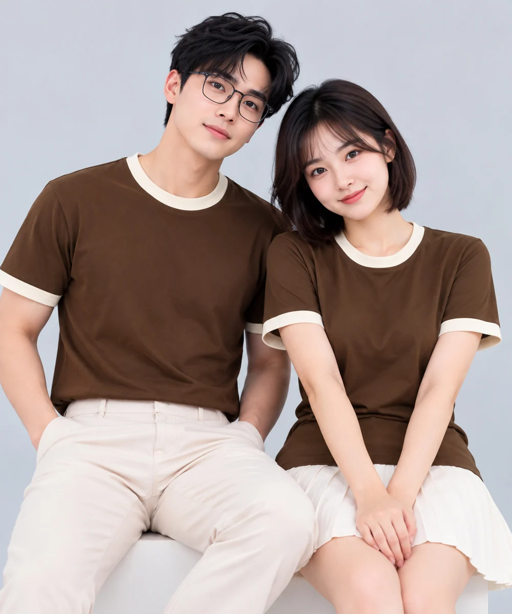Áo Thun Đồng Phục Cổ Tròn Màu Nâu Cafe Viền Kem Cổ và Tay