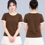 Áo Thun Đồng Phục Cổ Tròn Màu Nâu Cafe Viền Kem Cổ và Tay