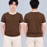 Áo Thun Đồng Phục Cổ Tròn Màu Nâu Cafe Viền Kem Cổ và Tay
