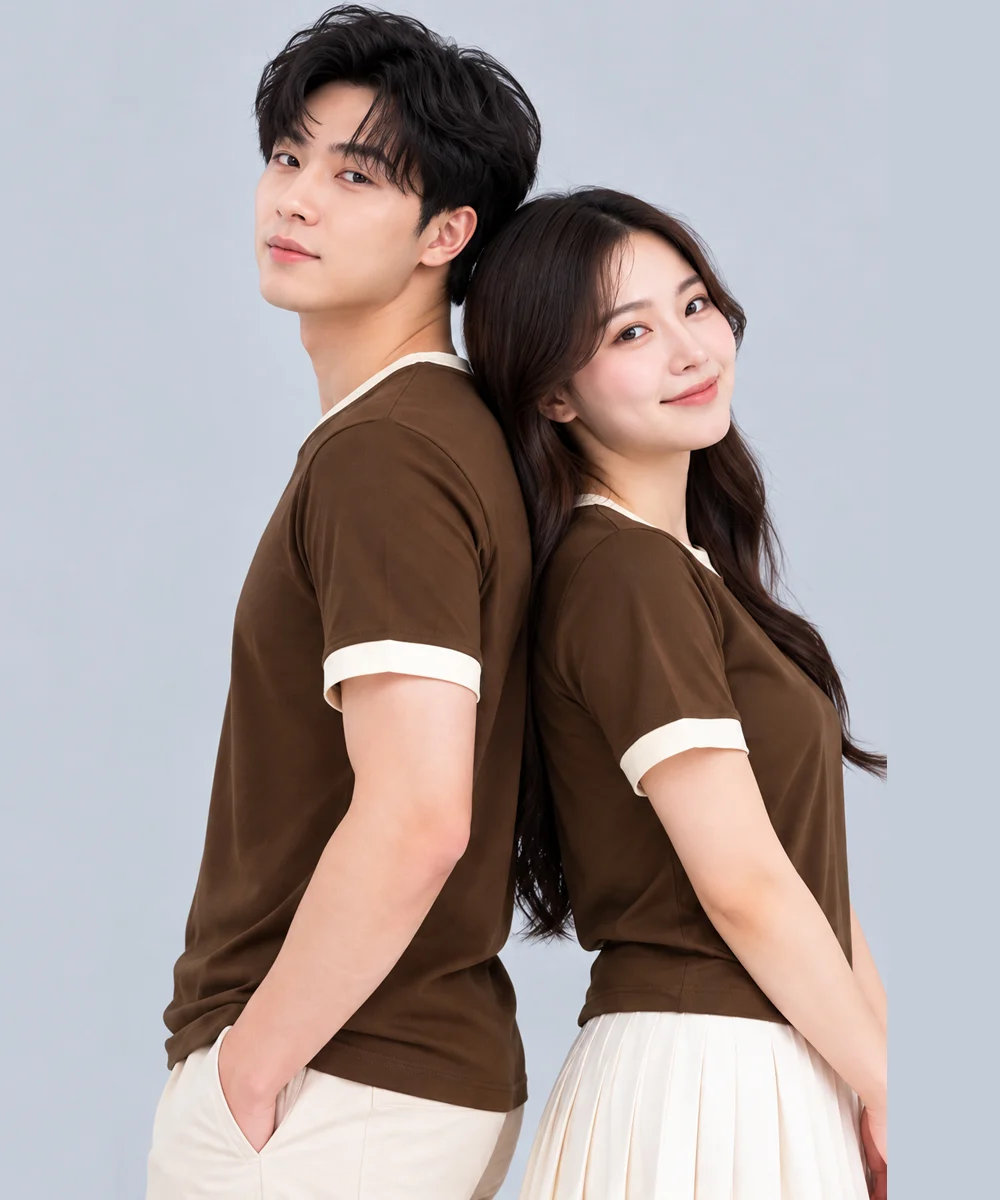 Áo Thun Đồng Phục Cổ Tròn Màu Nâu Cafe Viền Kem Cổ và Tay