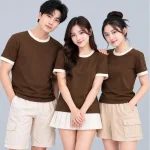 Áo Thun Đồng Phục Cổ Tròn Màu Nâu Cafe Viền Kem Cổ và Tay