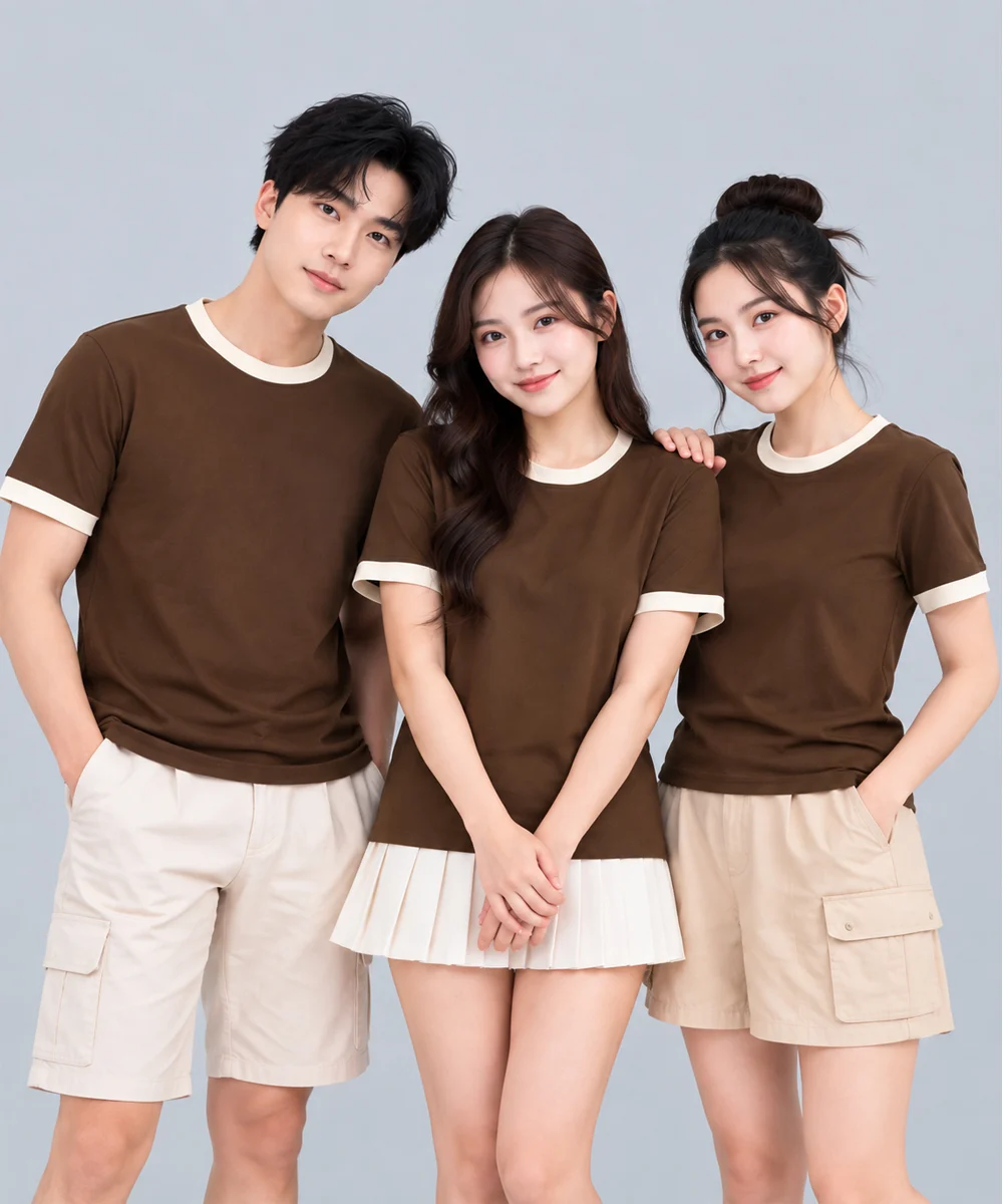 Áo Thun Đồng Phục Cổ Tròn Màu Nâu Cafe Viền Kem Cổ và Tay
