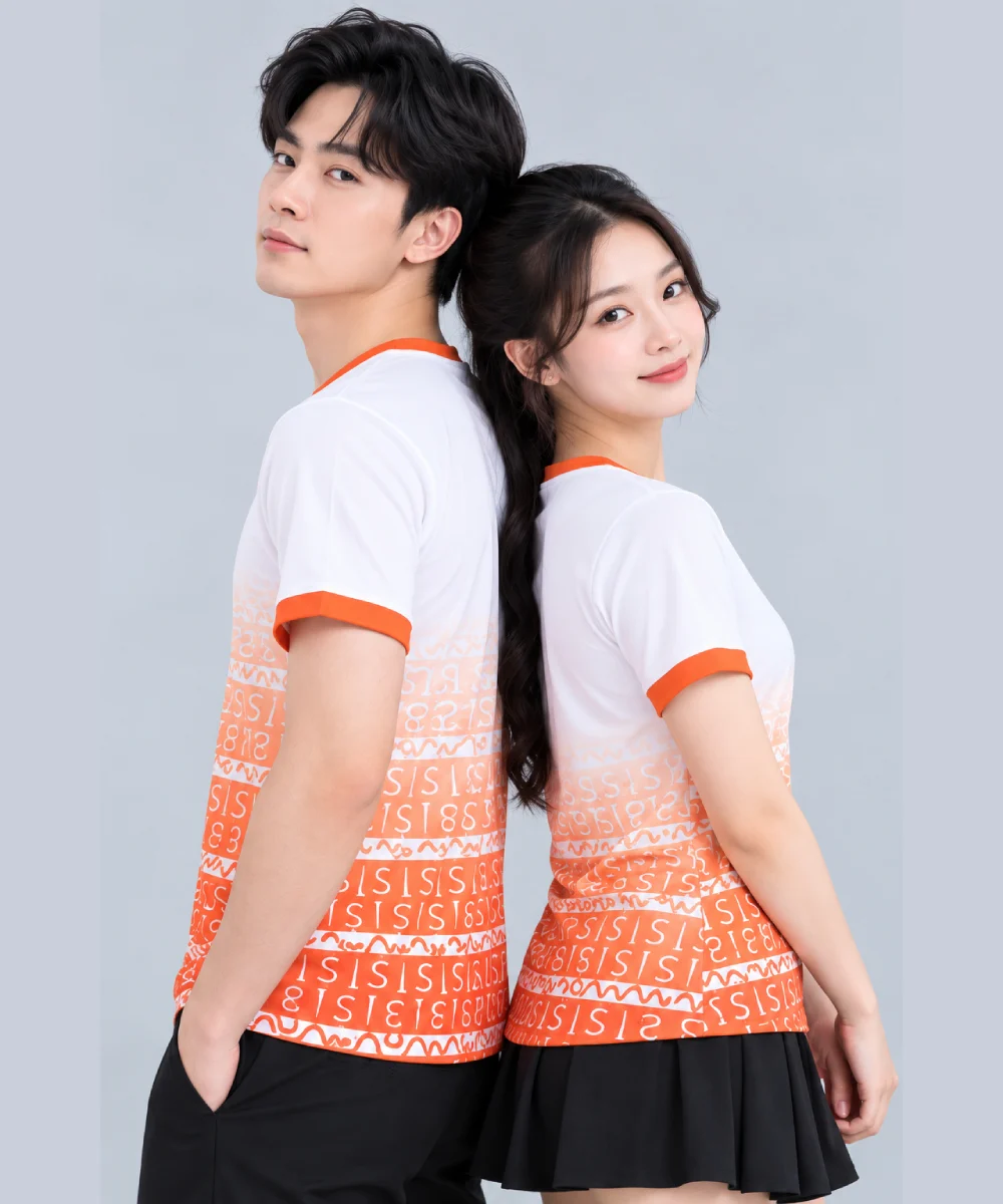 Áo Thun Đồng Phục Cổ Tròn Màu Trắng Phối Cam