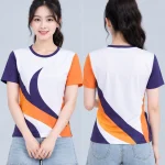 Áo Thun Đồng Phục Cổ Tròn Màu Trắng Phối Tím Cam
