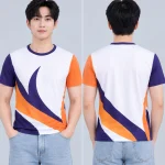 Áo Thun Đồng Phục Cổ Tròn Màu Trắng Phối Tím Cam