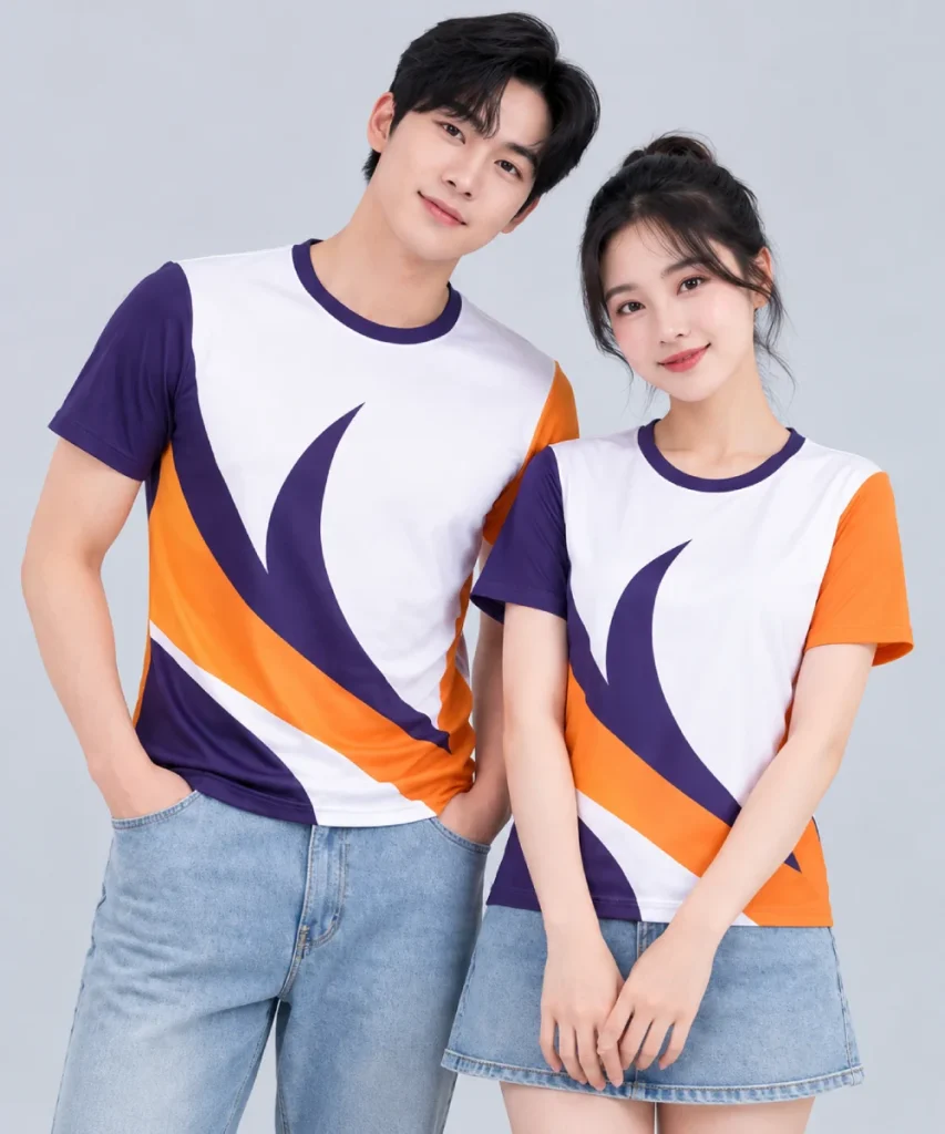 Áo Thun Đồng Phục Cổ Tròn Màu Trắng Phối Tím Cam