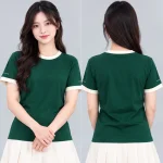 Áo Thun Đồng Phục Cổ Tròn Màu Xanh Lá Cây Viền Kem Cổ và Tay