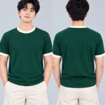 Áo Thun Đồng Phục Cổ Tròn Màu Xanh Lá Cây Viền Kem Cổ và Tay