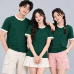 Áo Thun Đồng Phục Cổ Tròn Màu Xanh Lá Cây Viền Kem Cổ và Tay