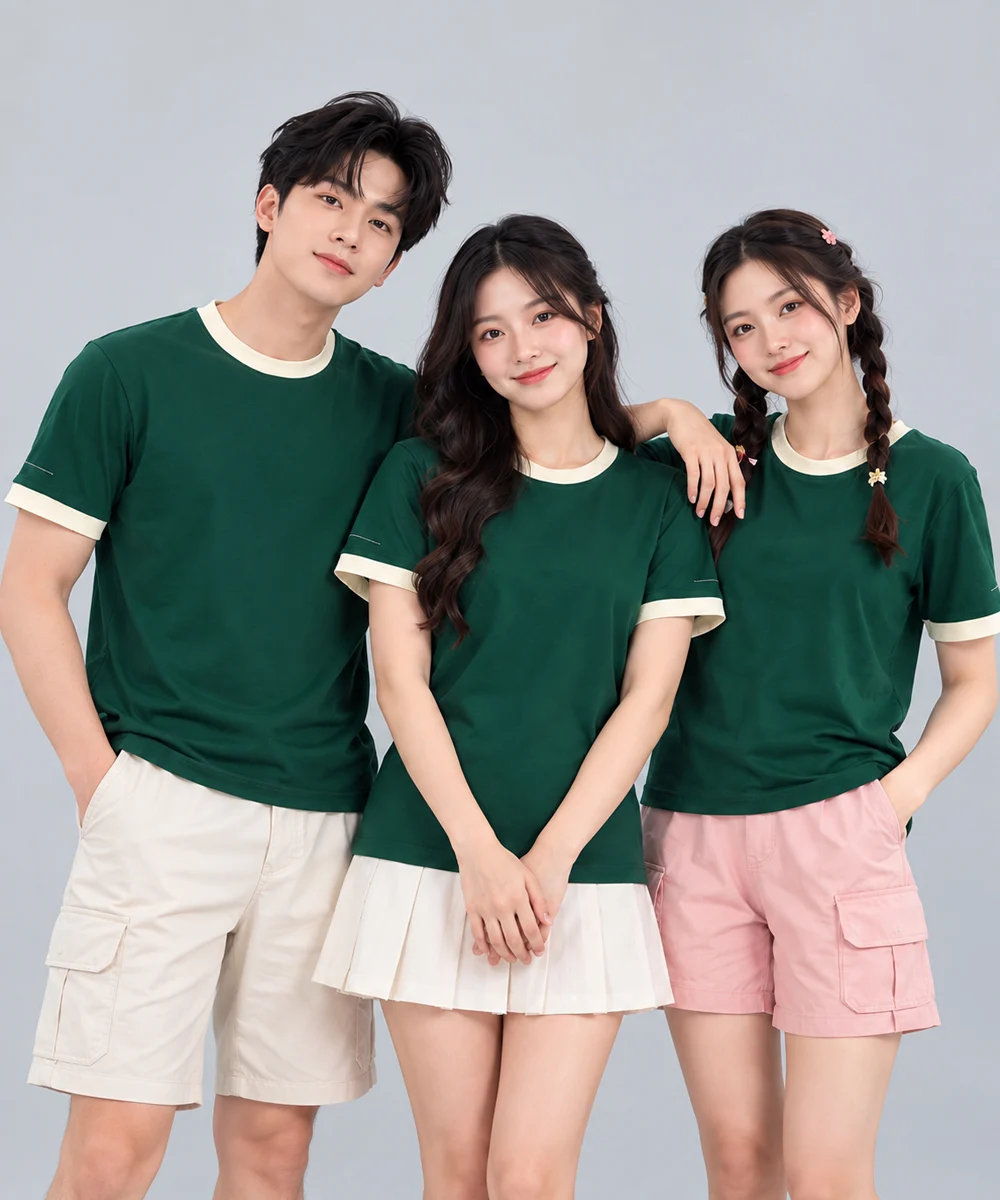 Áo Thun Đồng Phục Cổ Tròn Màu Xanh Lá Cây Viền Kem Cổ và Tay