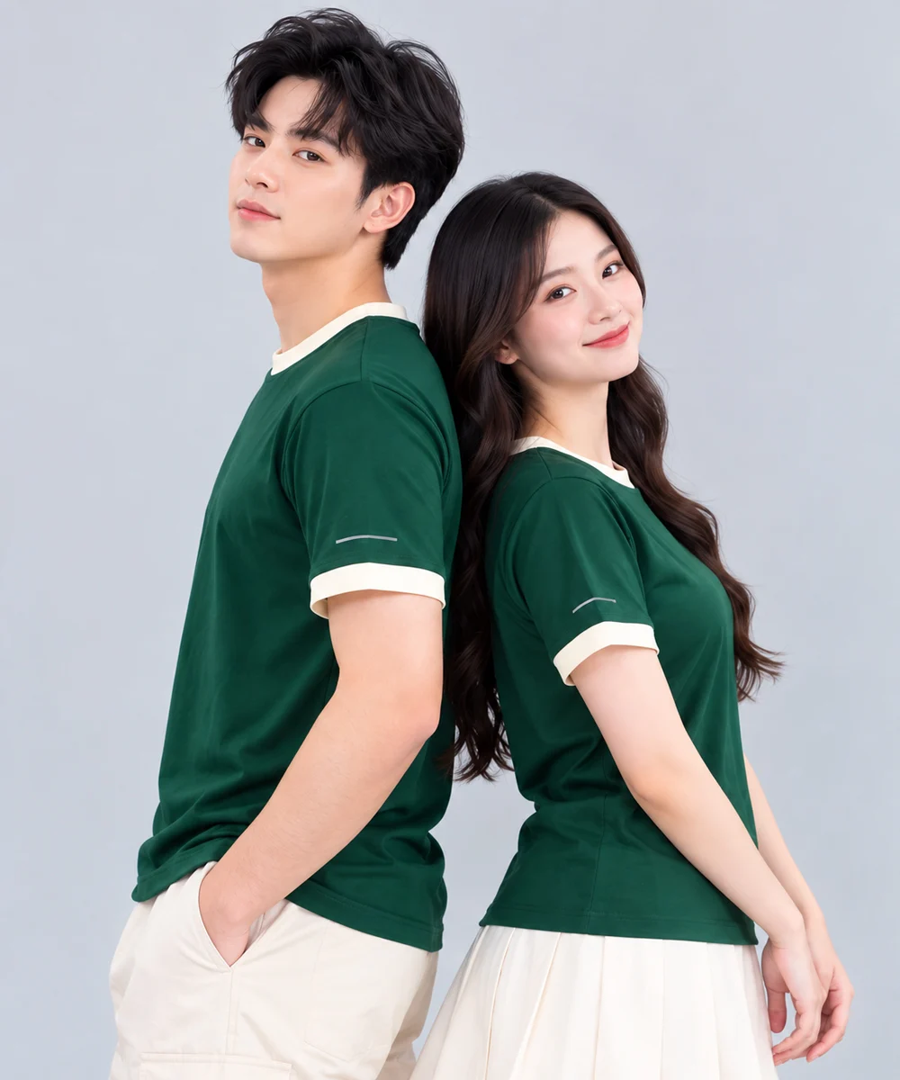 Áo Thun Đồng Phục Cổ Tròn Màu Xanh Lá Cây Viền Kem Cổ và Tay
