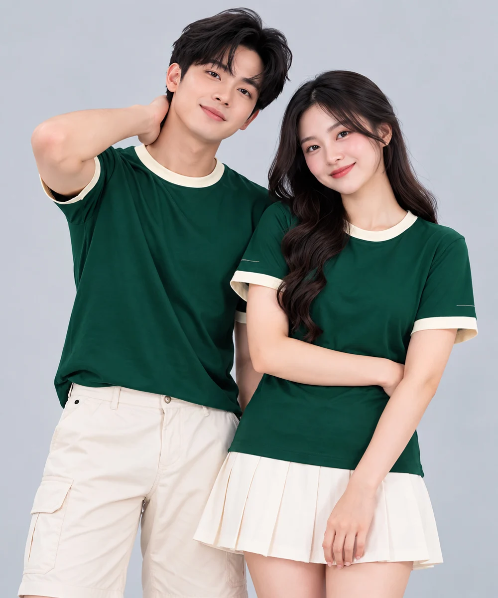 Áo Thun Đồng Phục Cổ Tròn Màu Xanh Lá Cây Viền Kem Cổ và Tay