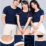 Áo Thun Đồng Phục Cổ Tròn Màu Xanh Navy Viền Kem Cổ và Tay