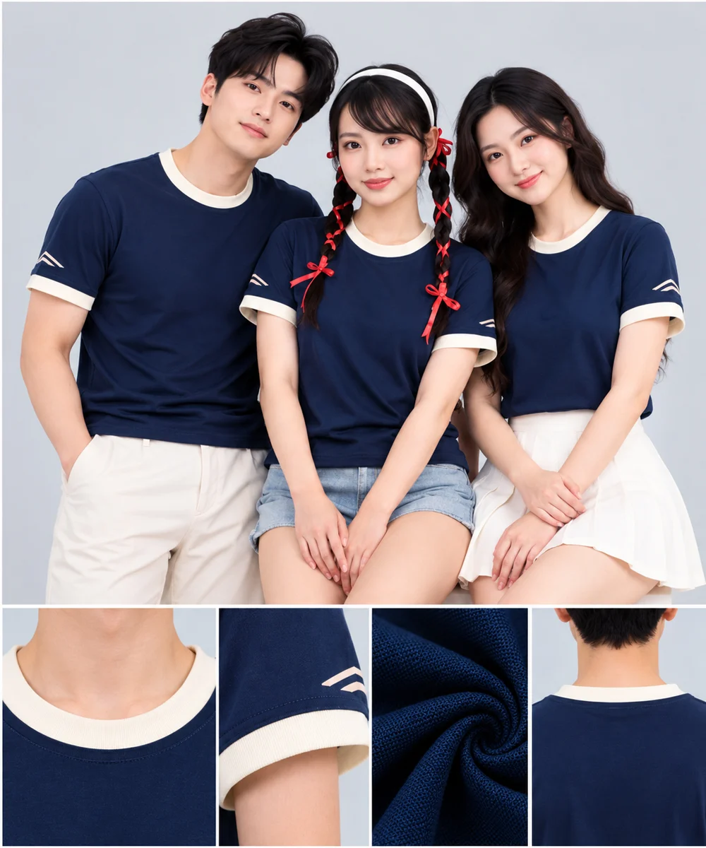 Áo Thun Đồng Phục Cổ Tròn Màu Xanh Navy Viền Kem Cổ và Tay