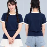 Áo Thun Đồng Phục Cổ Tròn Màu Xanh Navy Viền Kem Cổ và Tay
