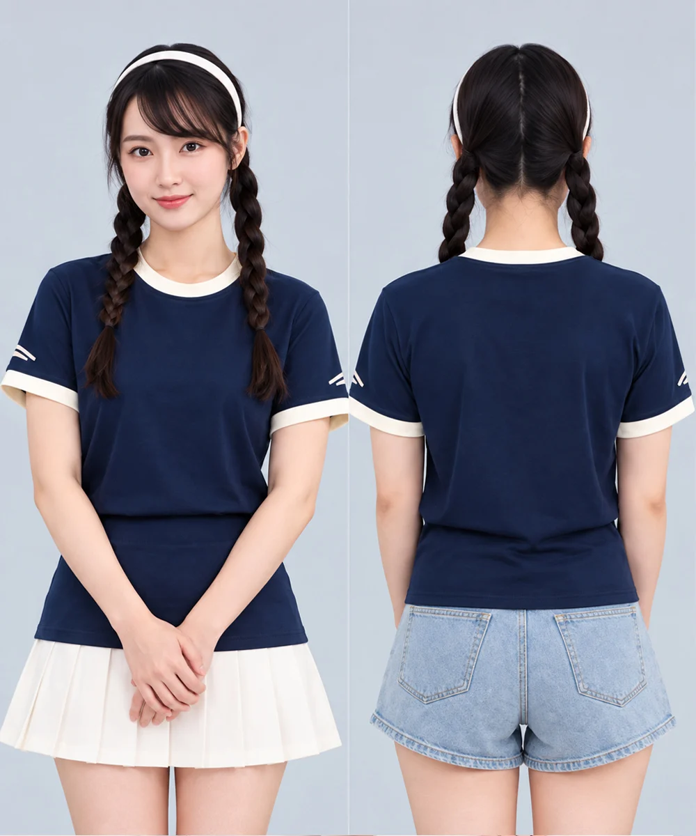 Áo Thun Đồng Phục Cổ Tròn Màu Xanh Navy Viền Kem Cổ và Tay
