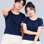 Áo Thun Đồng Phục Cổ Tròn Màu Xanh Navy Viền Kem Cổ và Tay