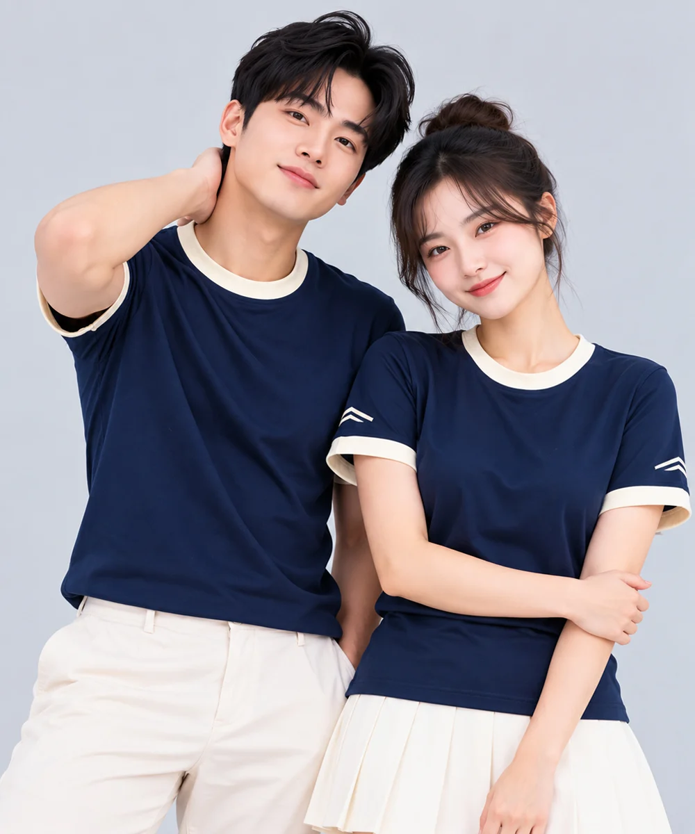 Áo Thun Đồng Phục Cổ Tròn Màu Xanh Navy Viền Kem Cổ và Tay
