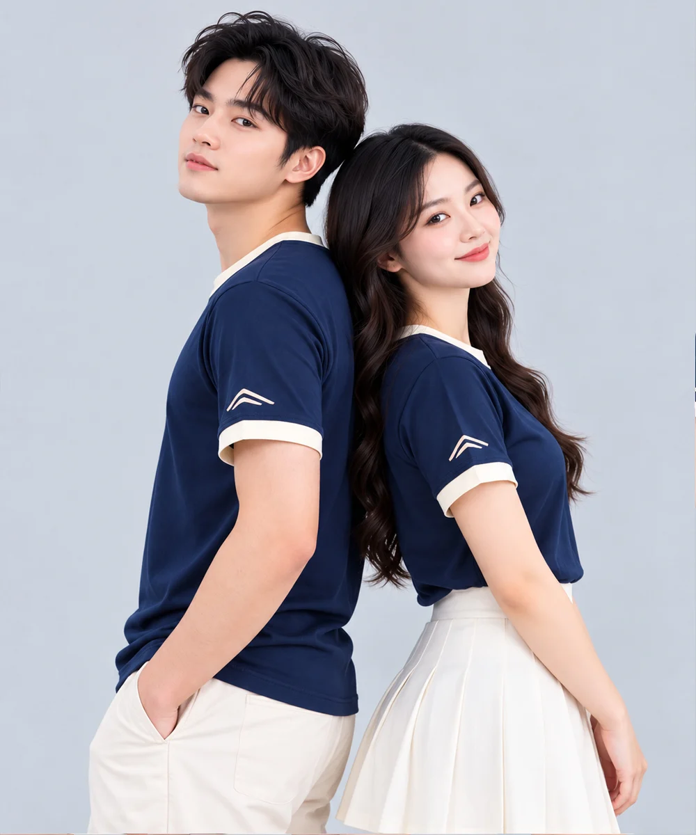 Áo Thun Đồng Phục Cổ Tròn Màu Xanh Navy Viền Kem Cổ và Tay