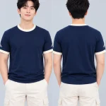 Áo Thun Đồng Phục Cổ Tròn Màu Xanh Navy Viền Kem Cổ và Tay