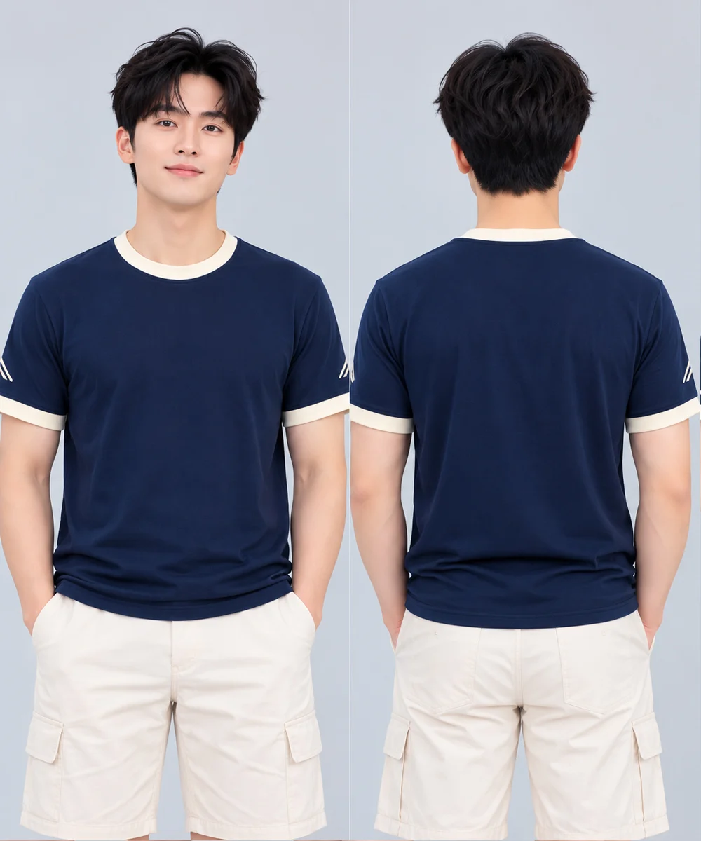 Áo Thun Đồng Phục Cổ Tròn Màu Xanh Navy Viền Kem Cổ và Tay