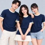 Áo Thun Đồng Phục Cổ Tròn Màu Xanh Navy Viền Kem Cổ và Tay